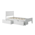 White twin bed frame with slatted base, modern headboard and two under-bed storage drawers