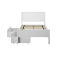 White wooden platform bed frame with headboard, slatted mattress support and two under-bed pull-out storage drawers on casters