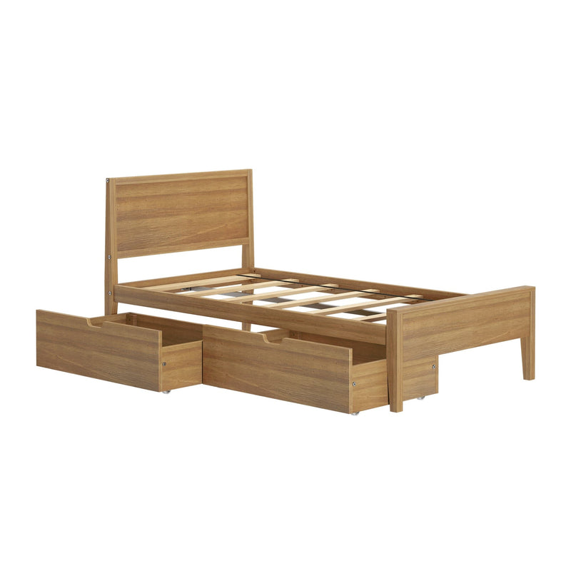Light oak wooden platform bed frame with headboard and footboard, slatted base and two under-bed storage drawers on casters