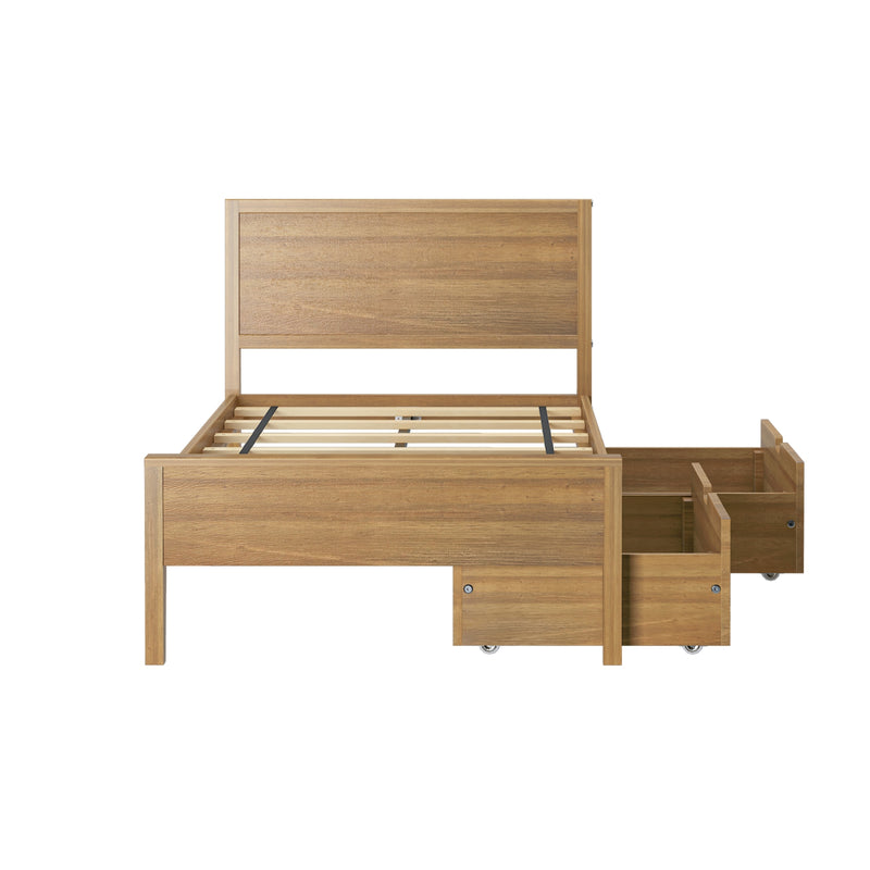 Wooden platform bed frame with drawers for storage.