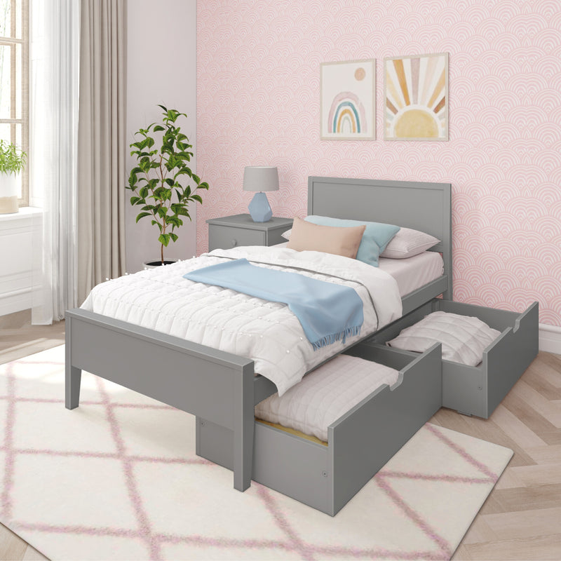 Modern kids bedroom with gray storage bed, pink patterned wallpaper, and large window with curtains.