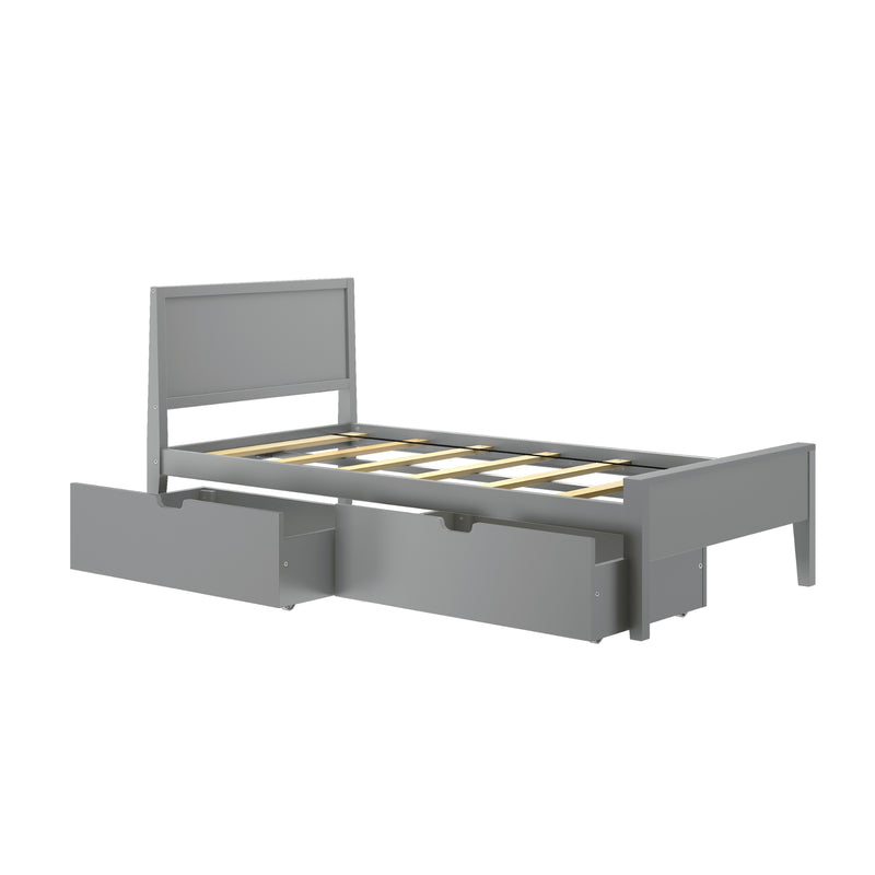 Gray wooden bed frame with storage drawers and slatted base.