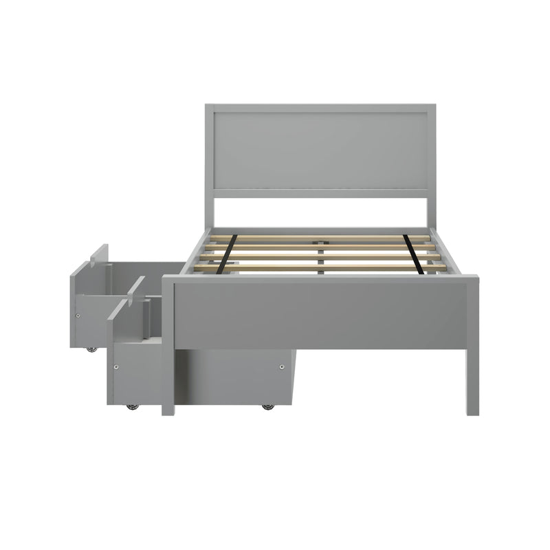 Gray platform bed frame with built-in storage drawers.