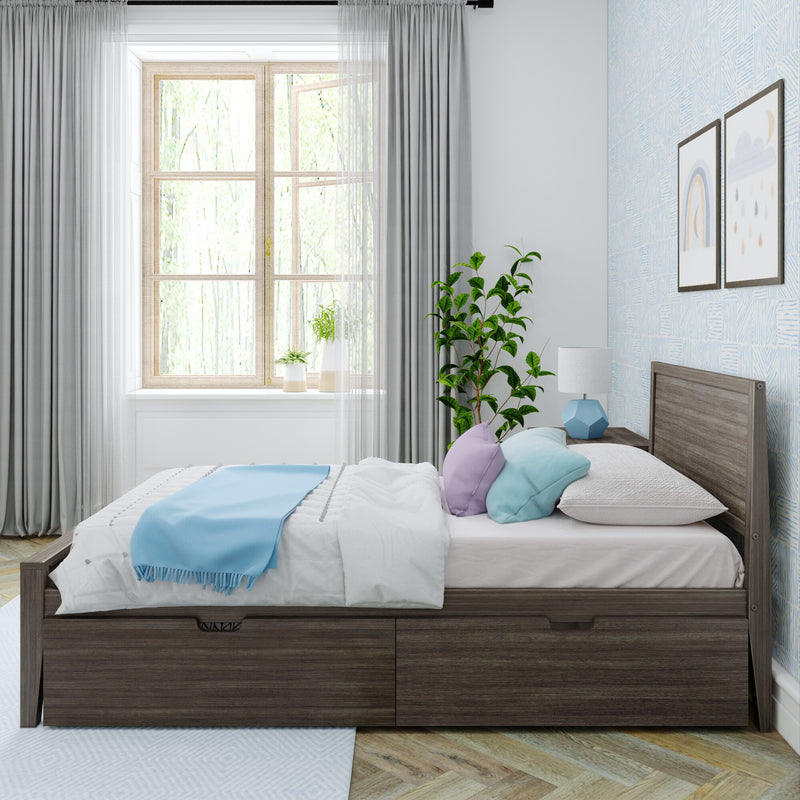 Cozy modern bedroom with wooden window, sheer gray curtains, pastel blue bedding, storage bed, potted plant and framed wall art