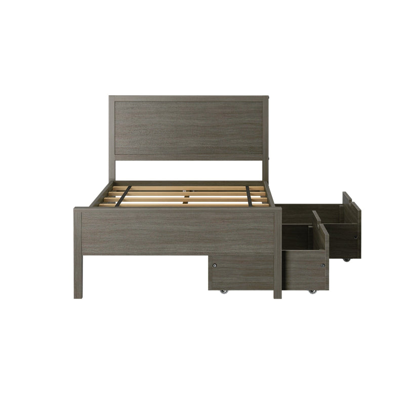 Gray wooden platform bed frame with tall headboard, slatted mattress support and two underbed rolling storage drawers, modern bedroom furniture