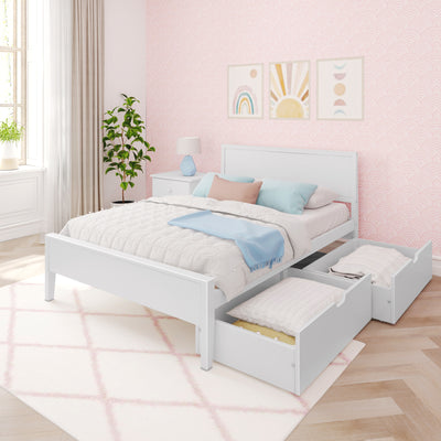 Kids bedroom with pastel pink scallop wallpaper, white storage bed with under-bed drawers, pastel bedding, rainbow and sun wall art, blue bedside lamp and potted plant