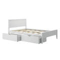 White wooden platform bed frame with headboard and dual underbed storage drawers, slatted mattress base, modern minimalist bedroom furniture
