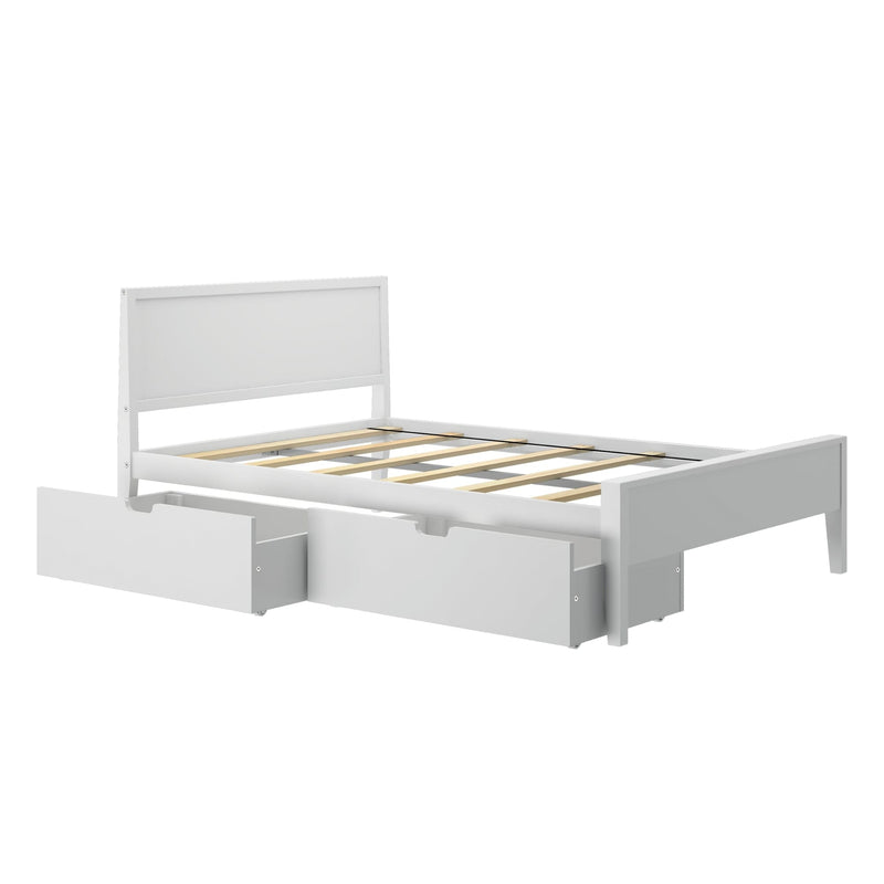 White wooden platform bed frame with headboard and dual underbed storage drawers, slatted mattress base, modern minimalist bedroom furniture