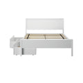White wooden platform bed frame with headboard, slatted mattress support and under-bed storage drawers, modern bedroom furniture