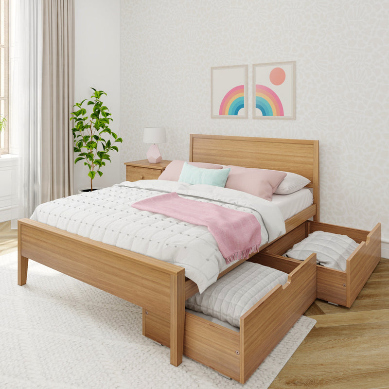 Natural wood platform bed with underbed storage drawers, pastel bedding and rainbow wall art in bright Scandinavian bedroom