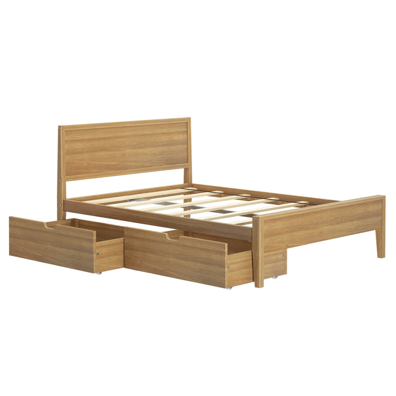 Wooden storage bed frame with drawers and slatted base.