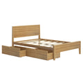 Natural oak wooden platform bed frame with slatted base and under-bed pull-out storage drawers