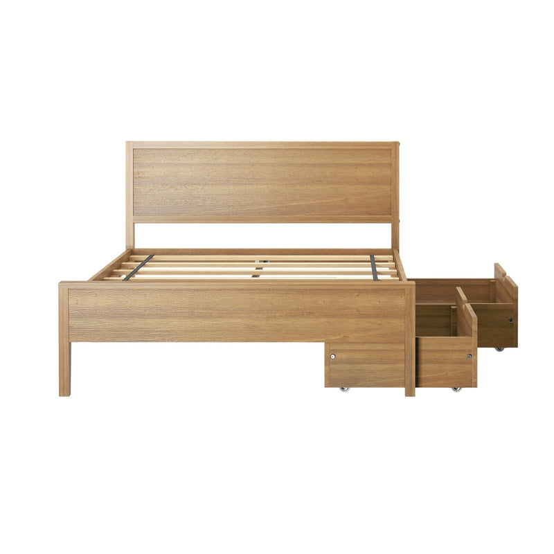 Wooden storage bed frame with pull-out drawers on a white background.