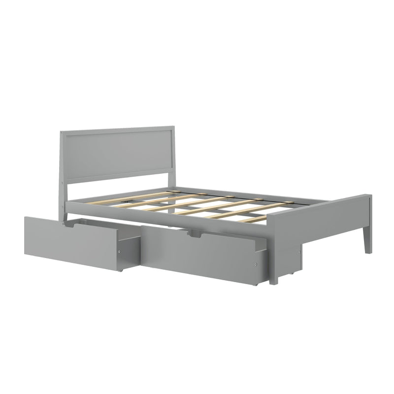 Gray wooden bed frame with built-in storage drawers and headboard.