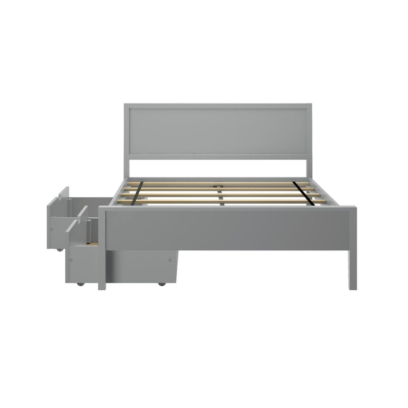 Gray wooden bed frame with storage drawers, high headboard, and slatted base.