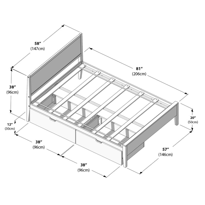 Assembly diagram of a wooden platform bed frame with slatted mattress support, headboard and built-in under-bed storage drawers, labeled dimensions in inches and centimeters