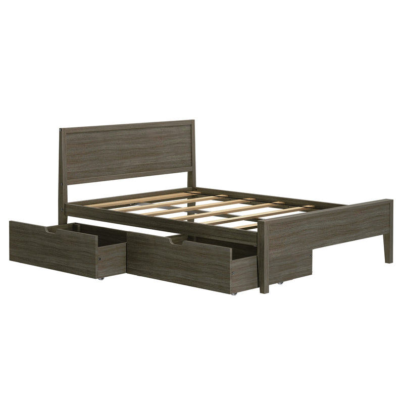 Weathered gray wooden platform bed frame with slatted mattress support and built-in underbed storage drawers.