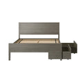 Gray wood platform bed frame with paneled headboard, slatted mattress support and under-bed pull-out storage drawers, modern rustic bedroom furniture