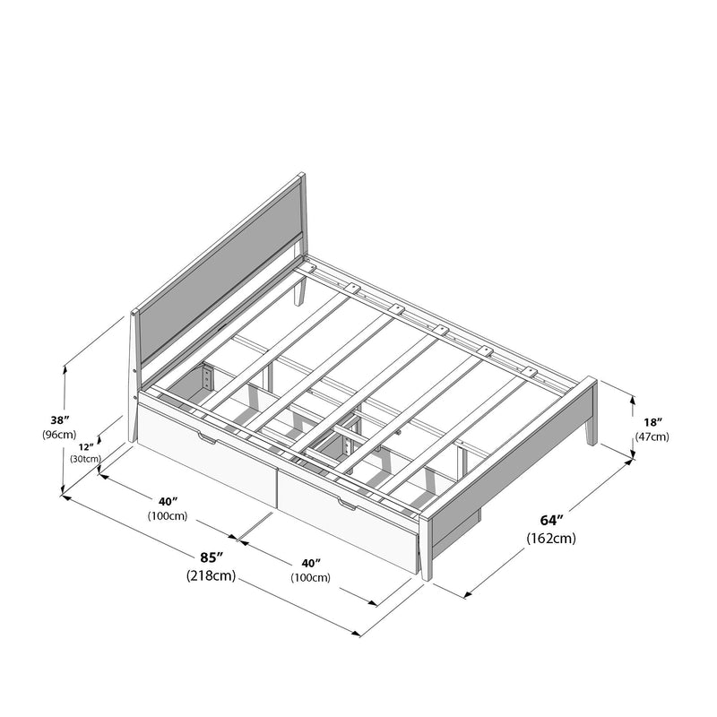 Platform storage bed frame with under-bed drawers and slatted mattress support, isometric assembly diagram showing measurements 85 in x 64 in (218 x 162 cm), headboard 38 in (96 cm) and footboard 18 in (47 cm)