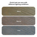 Three diagonal wood grain swatches labeled Warm, Neutral, Cool illustrating how wood finish color varies with different lighting conditions — wood finish samples for flooring, cabinetry, and interior design.