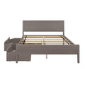 Queen-size grey wood platform bed frame with slatted base and two under-bed storage drawers, modern bedroom furniture design