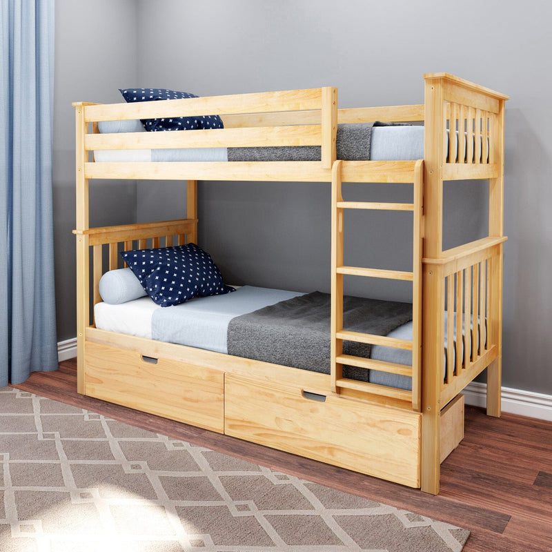 Solid wood twin-over-twin bunk bed with ladder and under-bed storage drawers, blue star pillows and gray bedding in a children's bedroom.