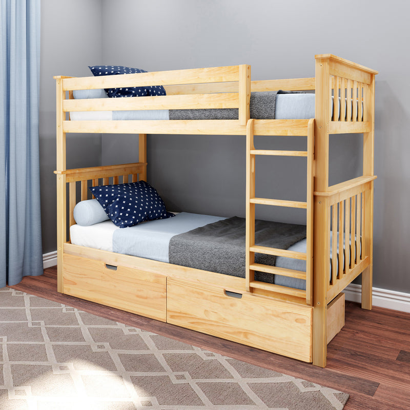 Natural pine twin-over-full bunk bed with ladder and under-bed storage drawers in modern kids' bedroom with blue bedding and gray walls
