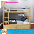 Solid New Zealand pine twin-over-twin bunk bed with ladder, under-bed storage drawers, slats included (no box spring), 400 lb support bar, natural finish