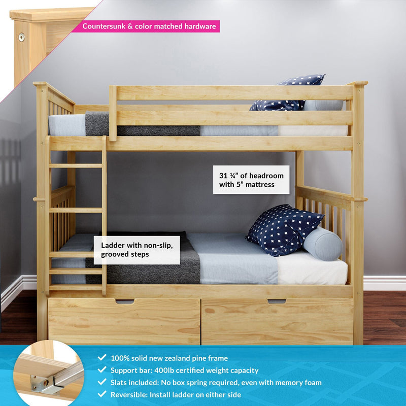 Solid New Zealand pine twin-over-twin bunk bed with ladder, under-bed storage drawers, slats included (no box spring), 400 lb support bar, natural finish