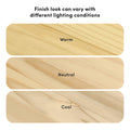 Close-up of three light wood finish samples labeled Warm, Neutral, and Cool, demonstrating how wood finish appearance varies under different lighting conditions