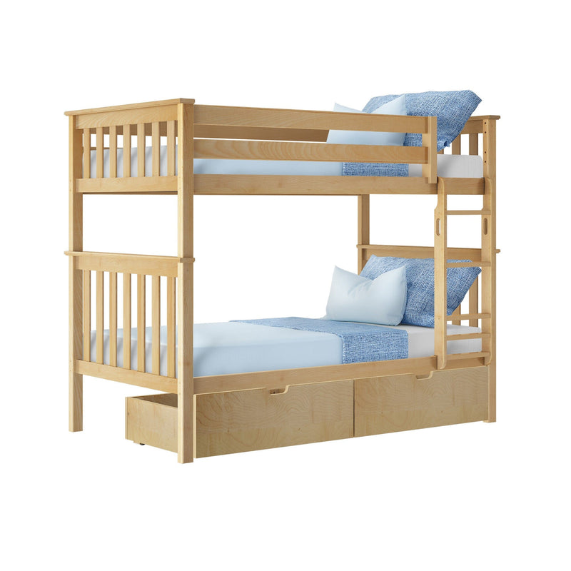 Natural wood bunk bed with blue bedding and storage drawers.