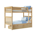 Light natural wood twin-over-twin bunk bed with built-in ladder and two under-bed storage drawers, styled with blue bedding
