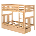 Light natural wood bunk bed frame with built-in ladder, safety guardrails, slatted design and two under-bed storage drawers