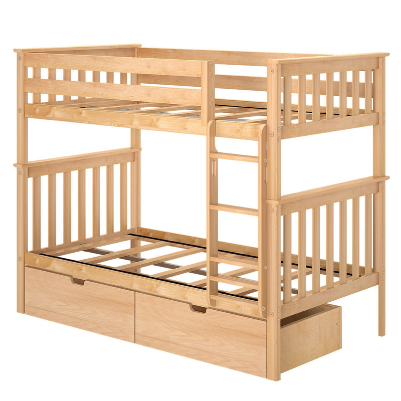 Light natural wood bunk bed frame with built-in ladder, safety guardrails, slatted design and two under-bed storage drawers