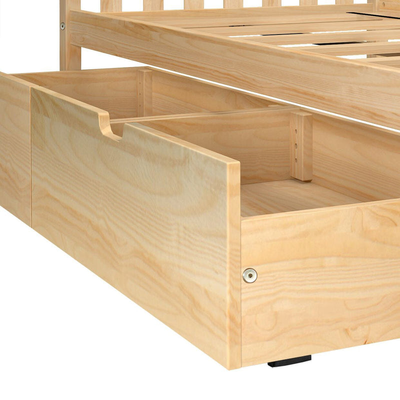 Light natural wood bed frame with pull-out underbed storage drawer featuring divided compartments, pine finish, space-saving bedroom storage