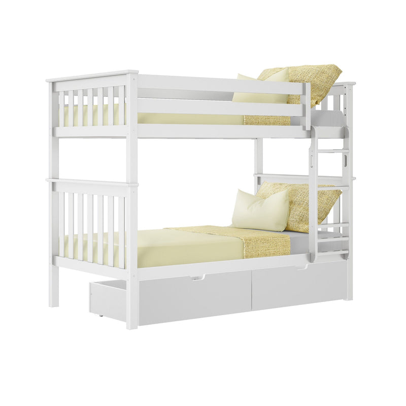 White wooden twin-over-twin bunk bed with ladder, under-bed storage drawers and pale yellow bedding, modern kids' bedroom furniture
