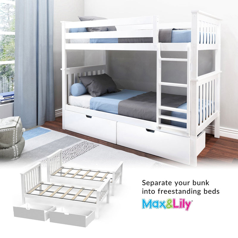 White wooden twin-over-twin bunk bed with ladder, pull-out storage drawers and blue-gray bedding in a bright kids' bedroom