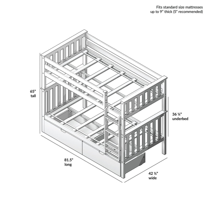 Dimensions of a twin over full bunk bed with drawers, including height, width, and length measurements, ideal for standard size mattresses.