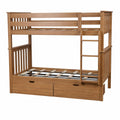 Solid wood bunk bed with ladder, slatted headboards and built-in underbed storage drawers in a natural oak finish