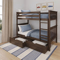 Dark walnut twin-over-twin solid wood bunk bed with ladder and pull-out storage drawers, blue bedding and kids' car wall art in a modern children's bedroom