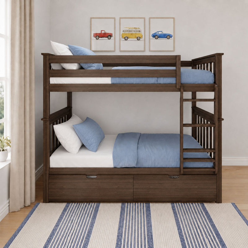 Wooden twin-over-twin bunk bed with blue bedding, ladder and under-bed storage drawers in a modern kids' bedroom with framed vintage car prints, neutral curtains and striped blue rug