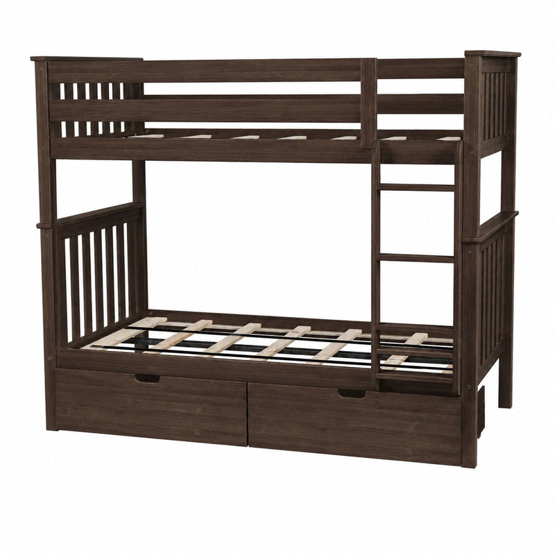 Dark brown wooden twin-over-twin bunk bed with ladder, slatted mission-style headboards and guardrails, platform slats and two under-bed storage drawers