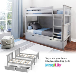 187201-121 : Bunk Beds Twin Bunk Bed With Underbed Storage Drawers, Grey