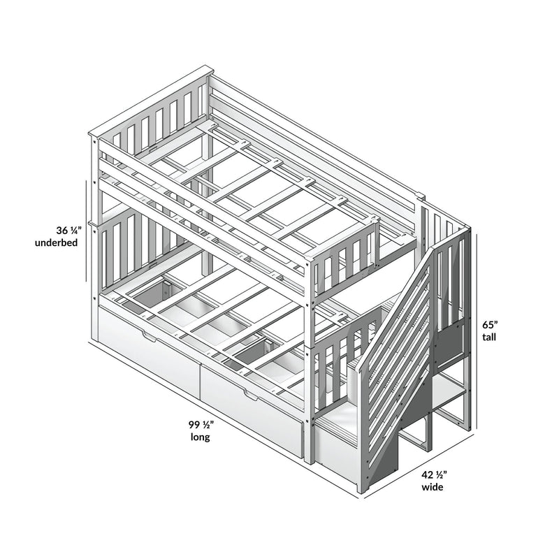 Detailed diagram of a wood bunk bed with stairs, featuring dimensions of 99 ½” long, 42 ½” wide, and 65” tall.