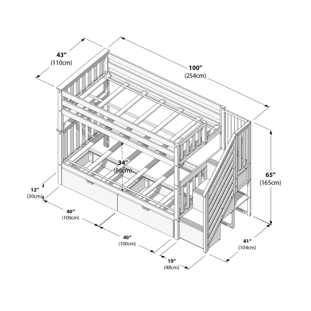 Bunk bed with stairs and storage dimensions diagram, highlighting measurements in inches and centimeters for kids' bedroom furniture setup.