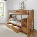 Solid wood bunk bed with staircase and under-bed storage drawers in a bright kids' bedroom with neutral decor, pastel bedding, potted plants and framed animal wall art