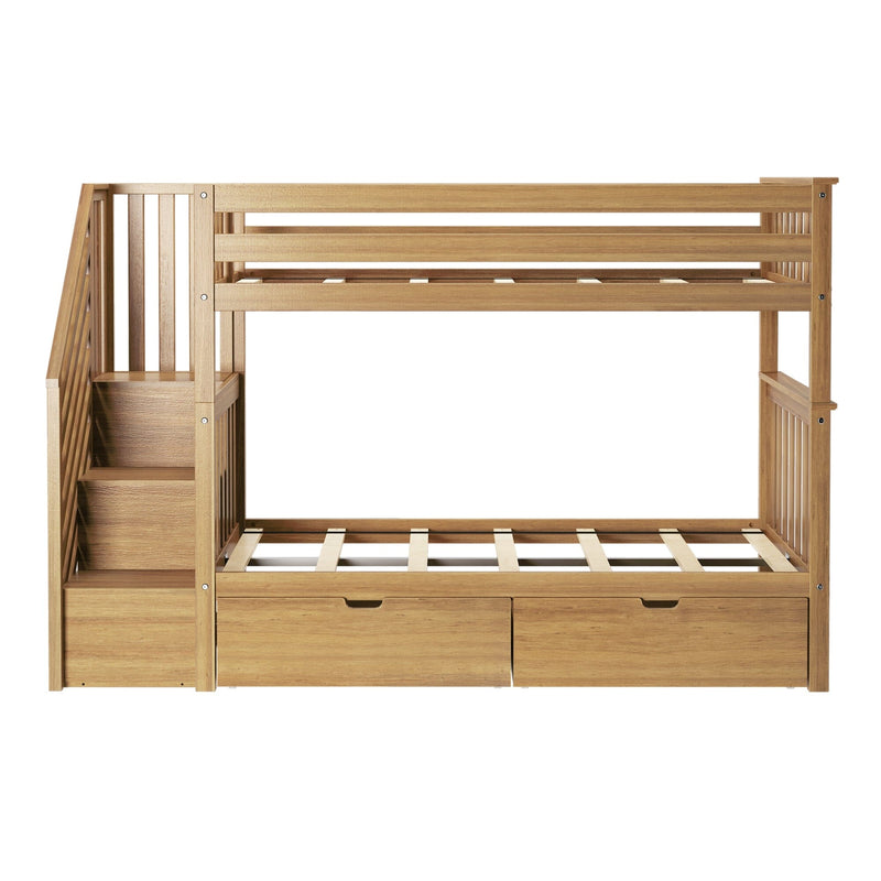 Wooden bunk bed with stairs and storage drawers for kids' bedroom.