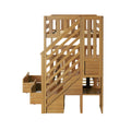 Children's wooden loft bed with slatted guardrails, diagonal stairs and built-in pull-out storage drawers in natural wood finish