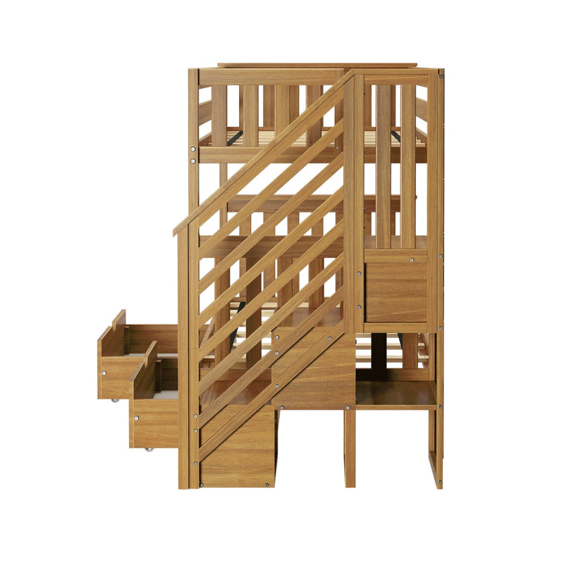 Children's wooden loft bed with slatted guardrails, diagonal stairs and built-in pull-out storage drawers in natural wood finish