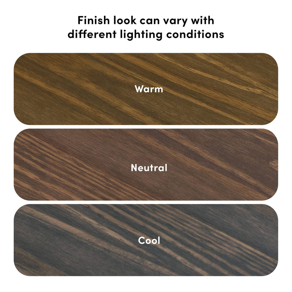 Wood finish variations under different lighting conditions: warm, neutral, cool.